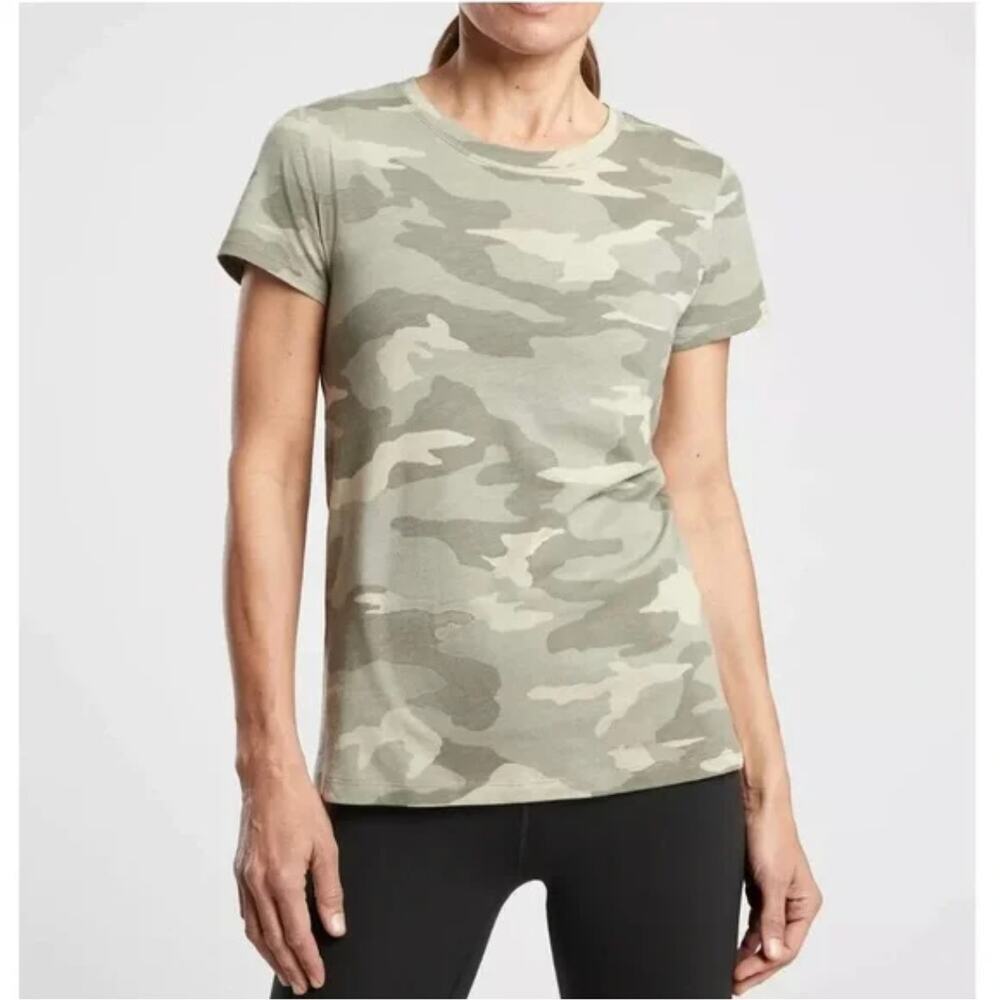 Athleta Green Camo Camouflage T-Shirt Crew Neck Short Cap Sleeve Women's Sz S